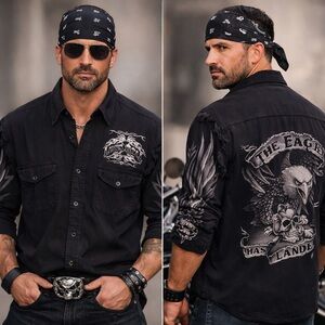 Lightning Clothing Eagle Skull Graphic Biker Shirt XL Black Gothic Button Up